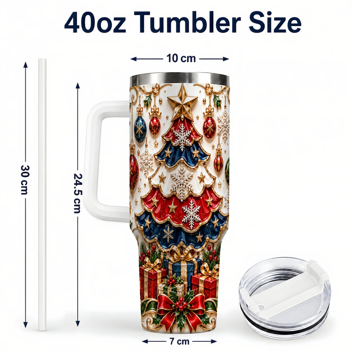 #pl[40oz|White] Ornate Holiday Tree 40oz Tumbler, Snowflake Stainless Steel Travel Cup