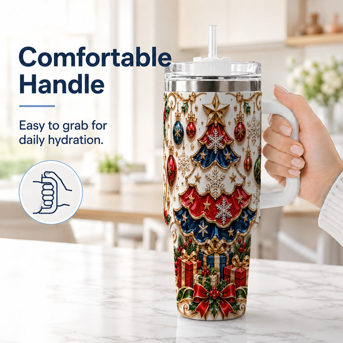 #pl[40oz|White] Ornate Holiday Tree 40oz Tumbler, Snowflake Stainless Steel Travel Cup