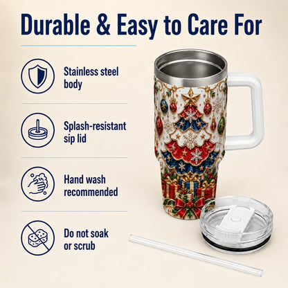 Ornate Holiday Tree 40oz Tumbler, Snowflake Stainless Steel Travel Cup