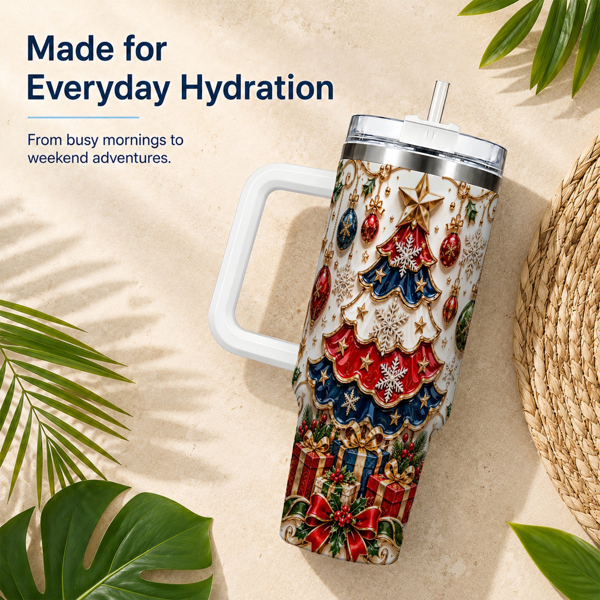 Ornate Holiday Tree 40oz Tumbler, Snowflake Stainless Steel Travel Cup