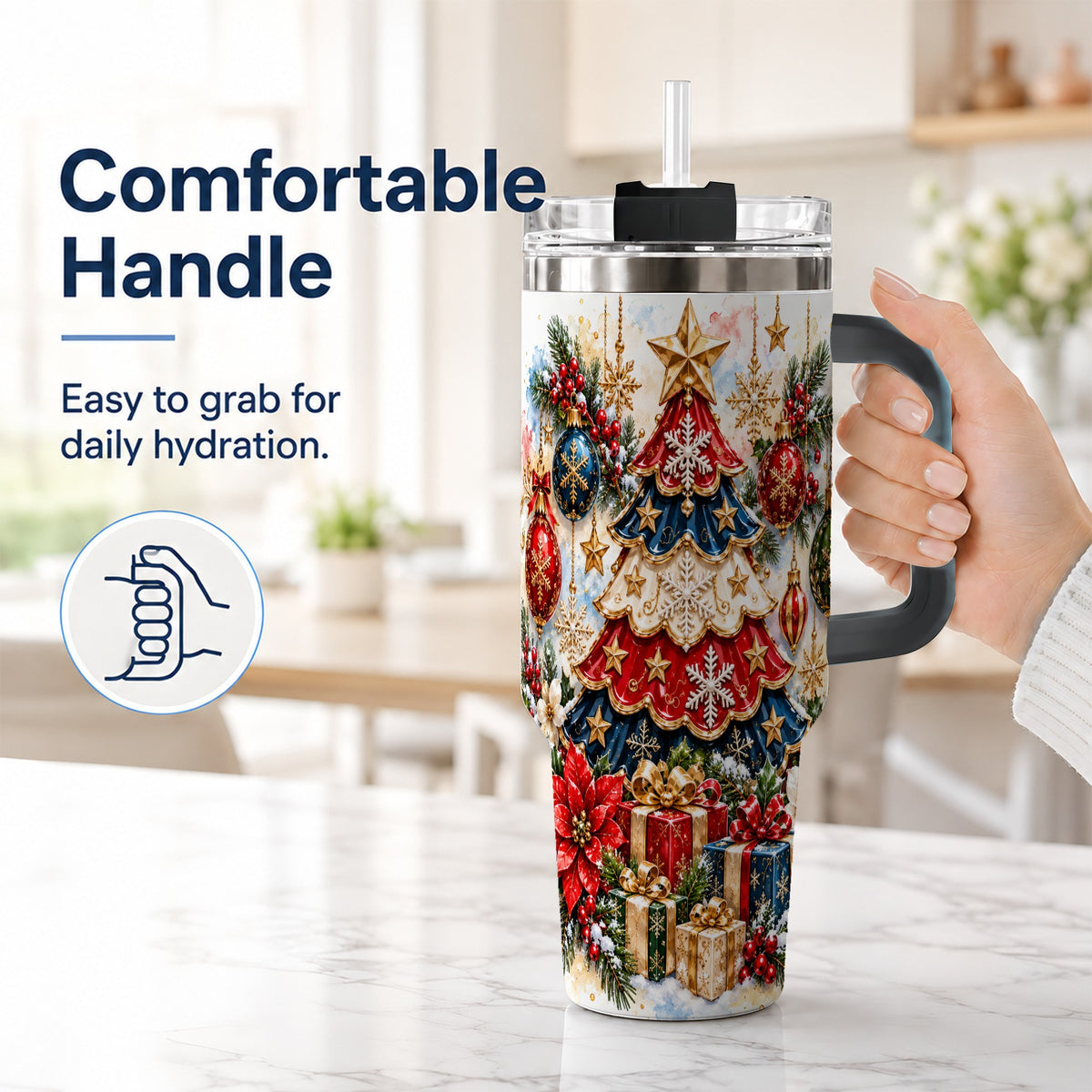 #pl[40oz|Black] Watercolor Holiday Tree 40oz Tumbler, Ornament Stainless Steel Travel Cup