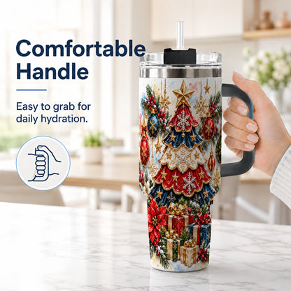 #pl[40oz|Black] Watercolor Holiday Tree 40oz Tumbler, Ornament Stainless Steel Travel Cup