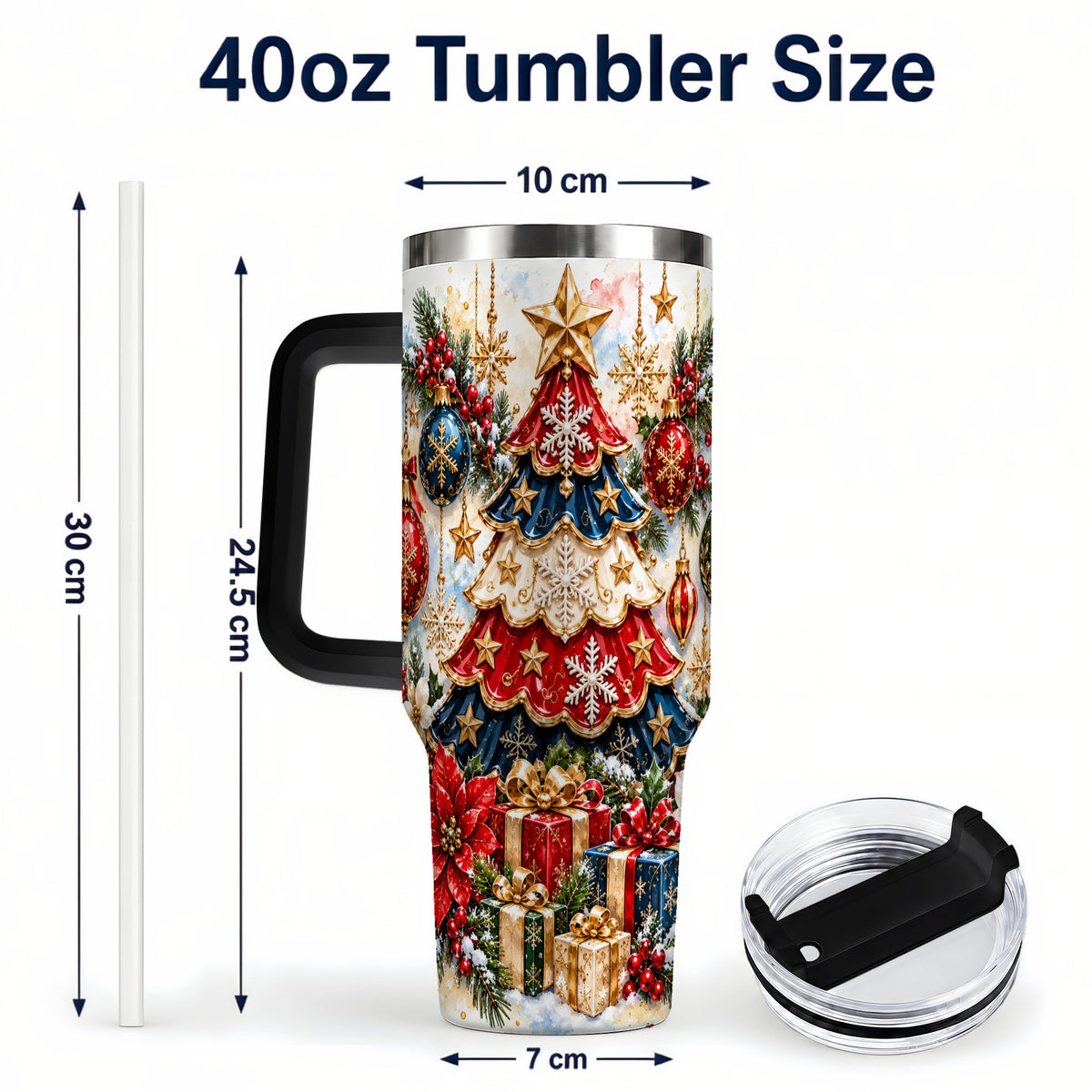 #pl[40oz|Black] Watercolor Holiday Tree 40oz Tumbler, Ornament Stainless Steel Travel Cup