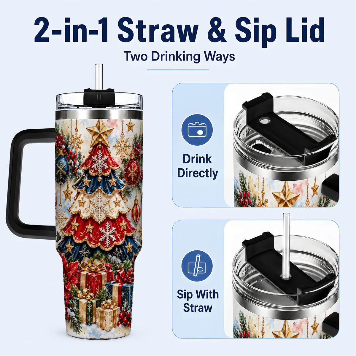 #pl[40oz|Black] Watercolor Holiday Tree 40oz Tumbler, Ornament Stainless Steel Travel Cup