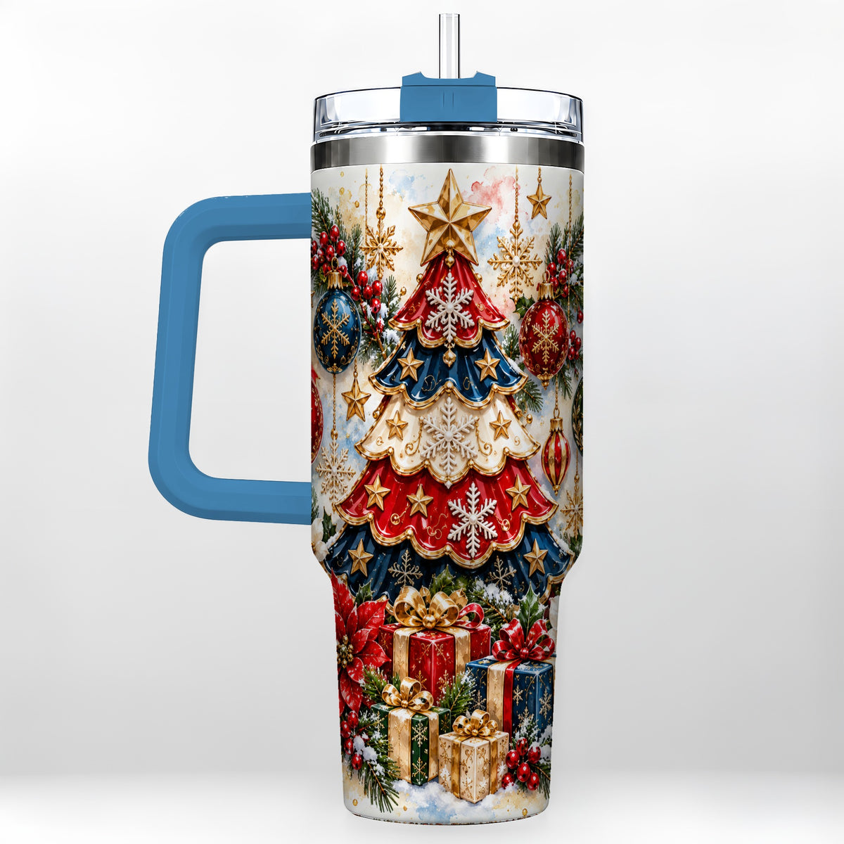 #pl[40oz|Blue] Watercolor Holiday Tree 40oz Tumbler, Ornament Stainless Steel Travel Cup