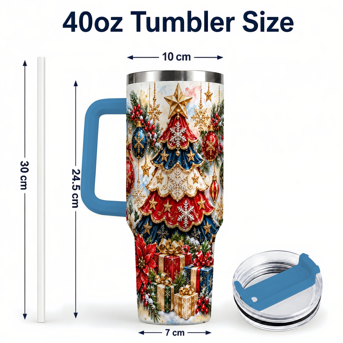 #pl[40oz|Blue] Watercolor Holiday Tree 40oz Tumbler, Ornament Stainless Steel Travel Cup