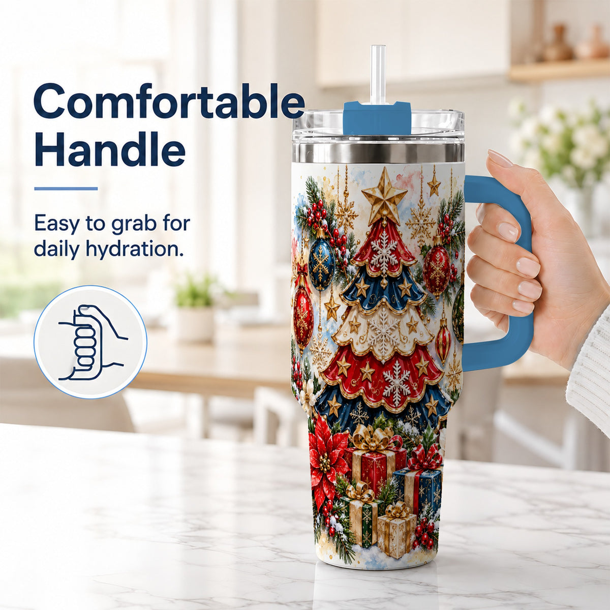 #pl[40oz|Blue] Watercolor Holiday Tree 40oz Tumbler, Ornament Stainless Steel Travel Cup