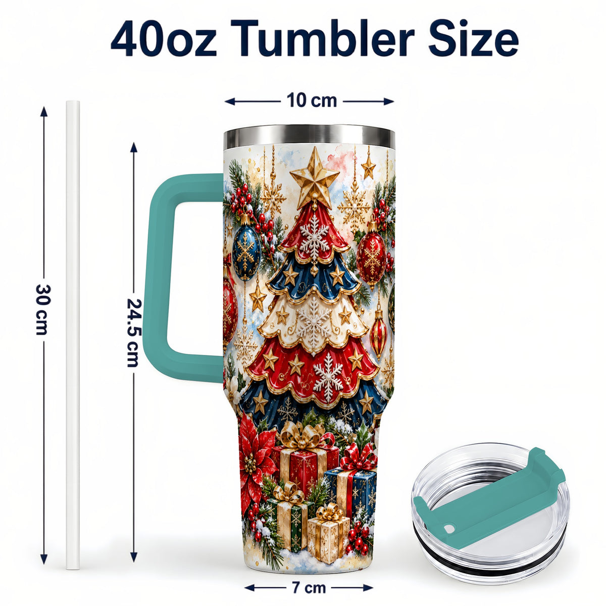 #pl[40oz|Green] Watercolor Holiday Tree 40oz Tumbler, Ornament Stainless Steel Travel Cup