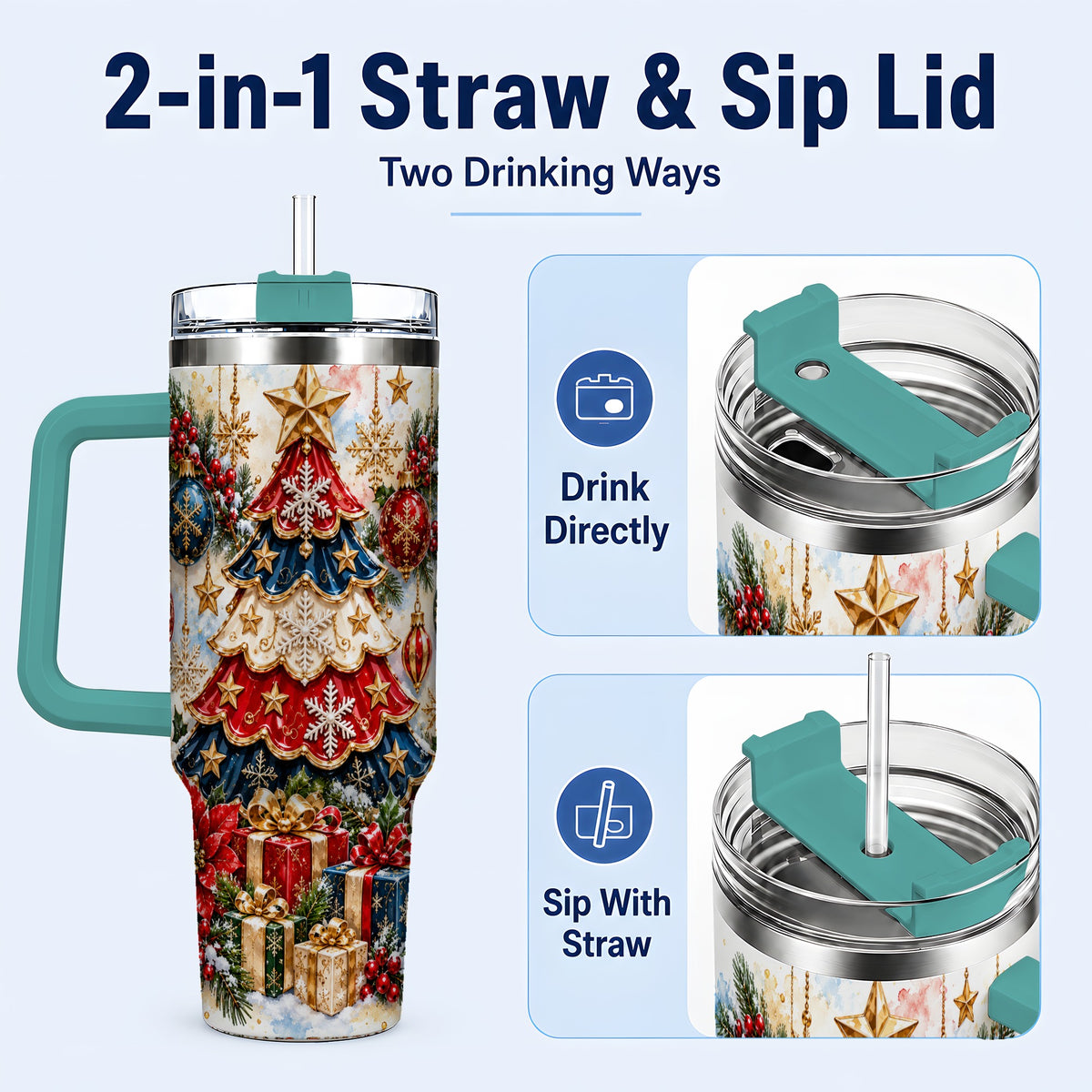 #pl[40oz|Green] Watercolor Holiday Tree 40oz Tumbler, Ornament Stainless Steel Travel Cup