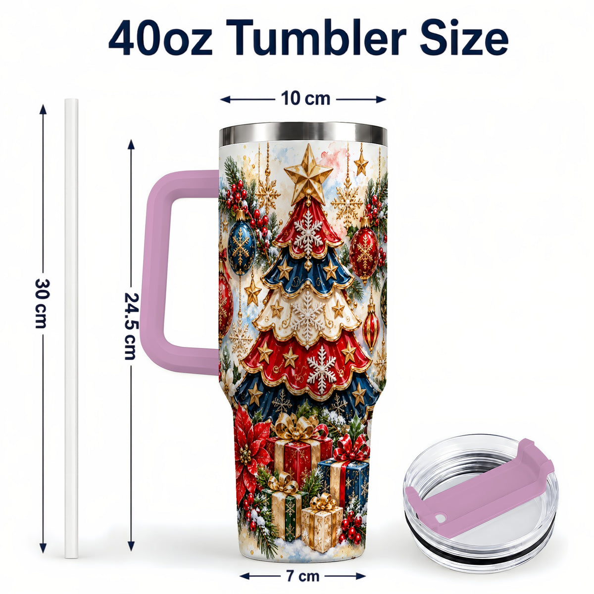 #pl[40oz|Pink] Watercolor Holiday Tree 40oz Tumbler, Ornament Stainless Steel Travel Cup