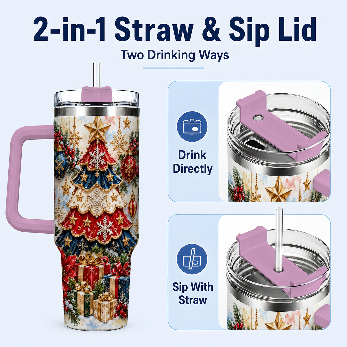 #pl[40oz|Pink] Watercolor Holiday Tree 40oz Tumbler, Ornament Stainless Steel Travel Cup