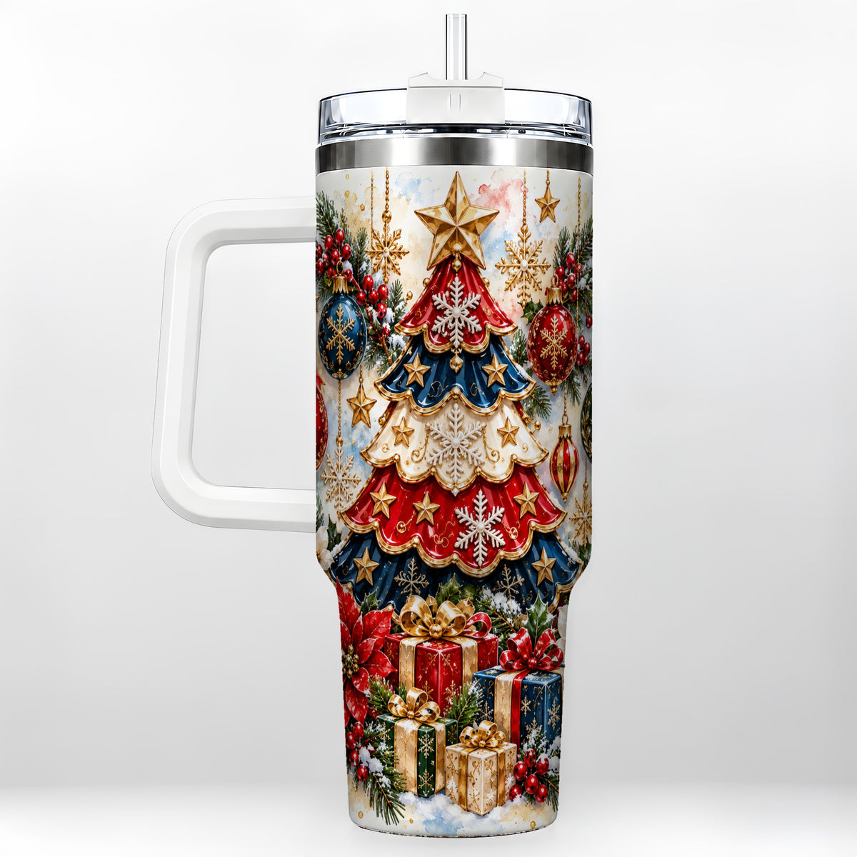 Watercolor Holiday Tree 40oz Tumbler, Ornament Stainless Steel Travel Cup