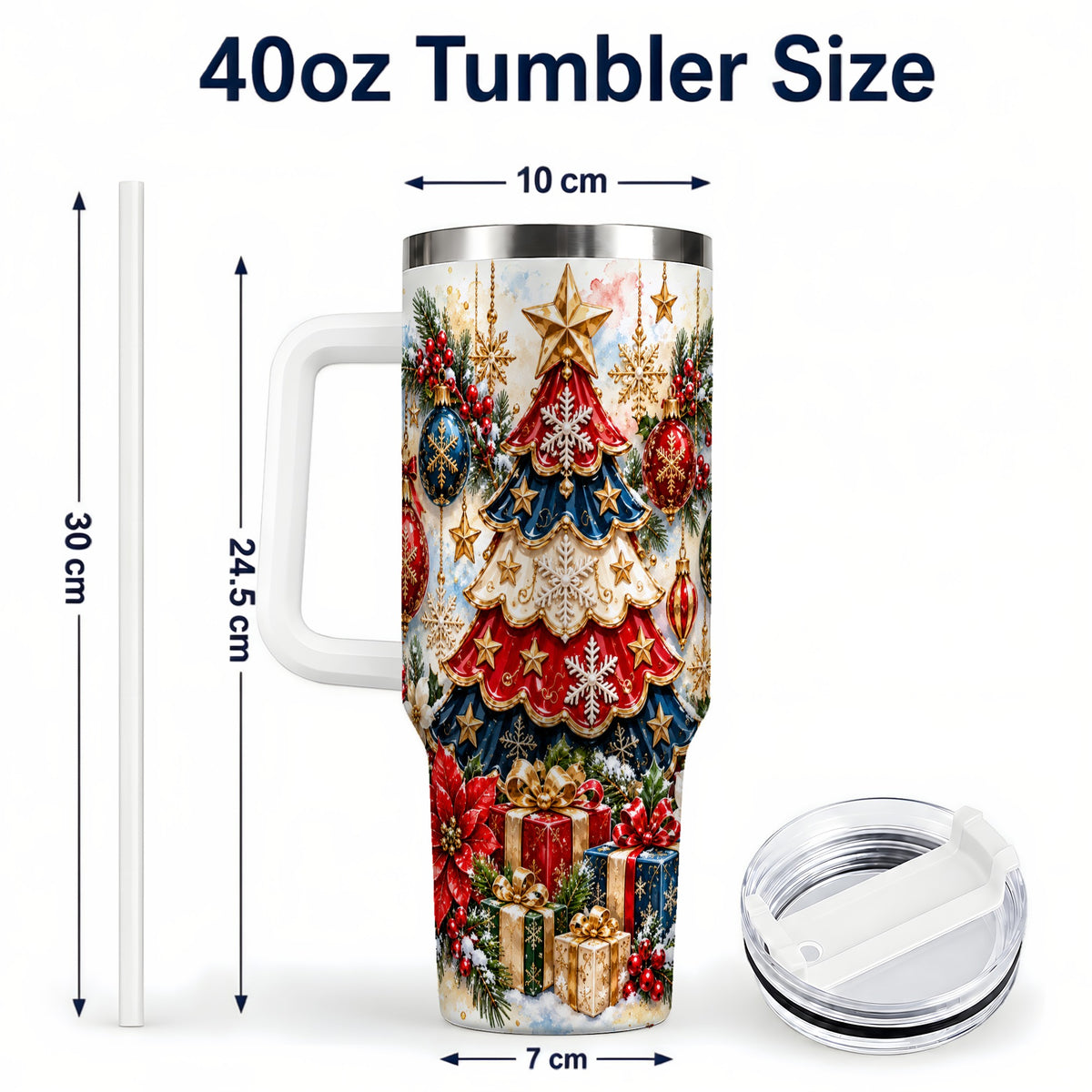 #pl[40oz|White] Watercolor Holiday Tree 40oz Tumbler, Ornament Stainless Steel Travel Cup