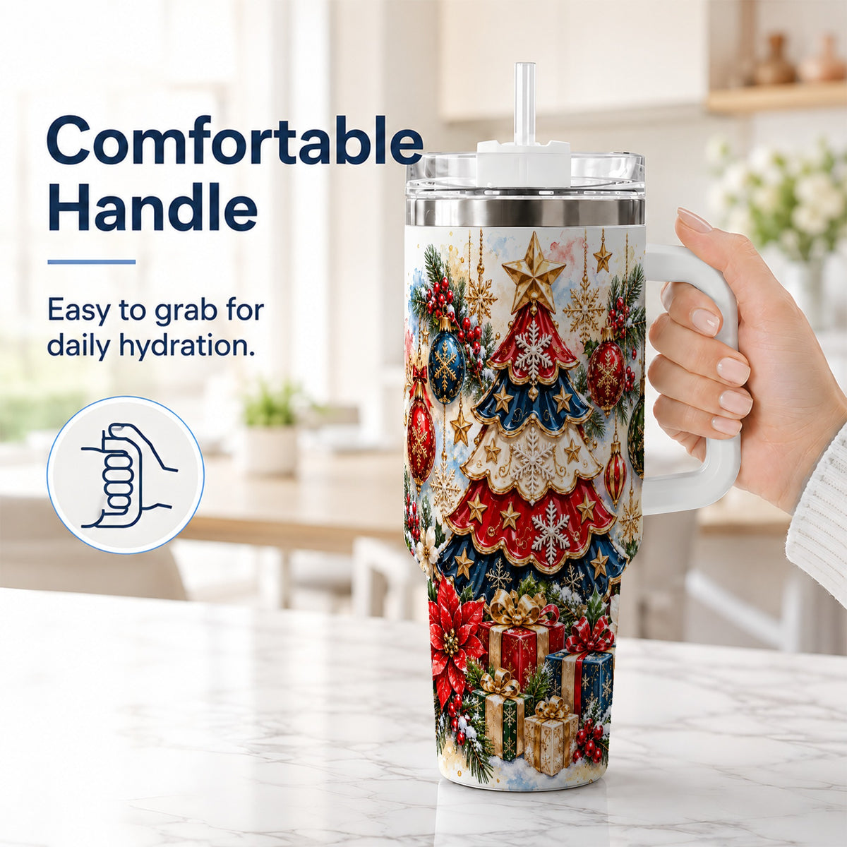 #pl[40oz|White] Watercolor Holiday Tree 40oz Tumbler, Ornament Stainless Steel Travel Cup