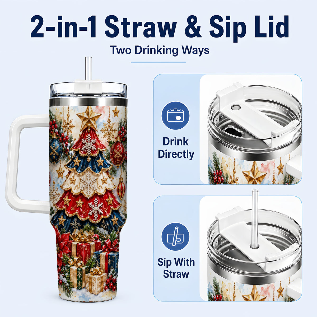 #pl[40oz|White] Watercolor Holiday Tree 40oz Tumbler, Ornament Stainless Steel Travel Cup