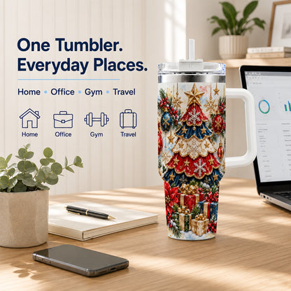 Watercolor Holiday Tree 40oz Tumbler, Ornament Stainless Steel Travel Cup