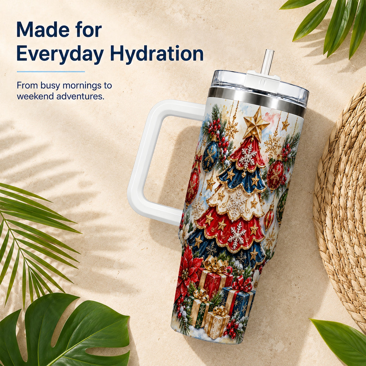 Watercolor Holiday Tree 40oz Tumbler, Ornament Stainless Steel Travel Cup
