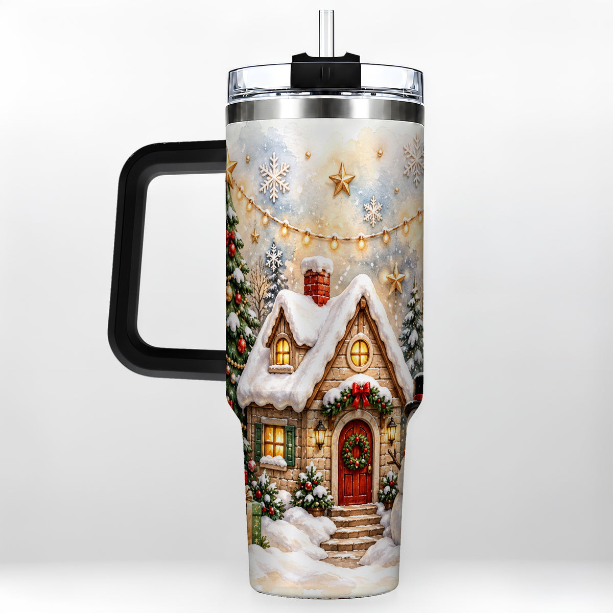 #pl[40oz|Black] Christmas Cottage 40oz Tumbler with Handle, Snowman Winter Theme