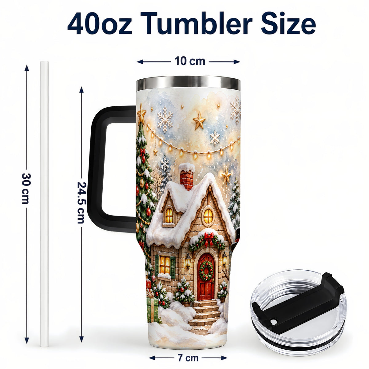#pl[40oz|Black] Christmas Cottage 40oz Tumbler with Handle, Snowman Winter Theme