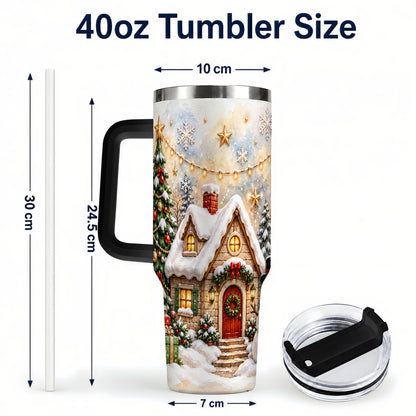 #pl[40oz|Black] Christmas Cottage 40oz Tumbler with Handle, Snowman Winter Theme