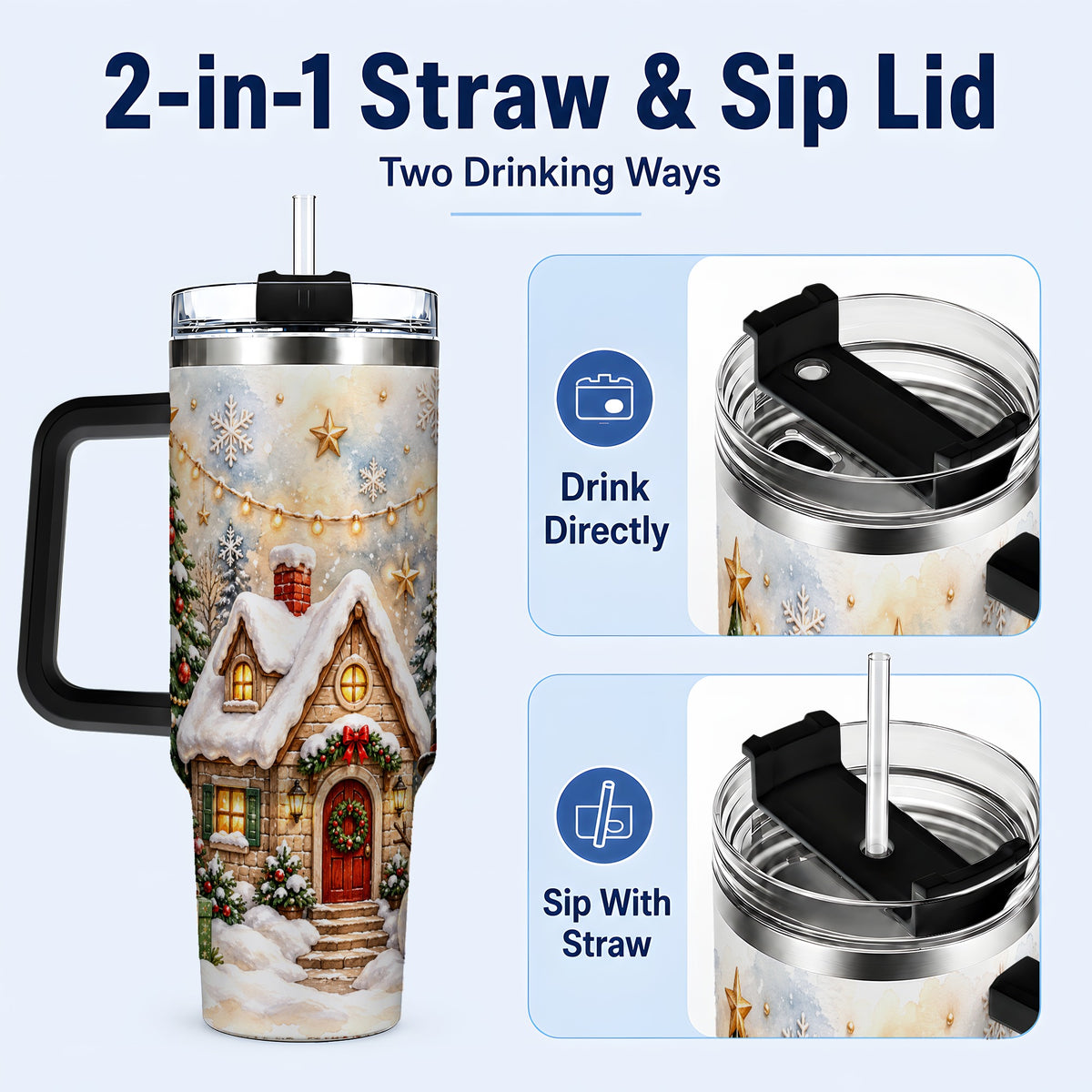 #pl[40oz|Black] Christmas Cottage 40oz Tumbler with Handle, Snowman Winter Theme