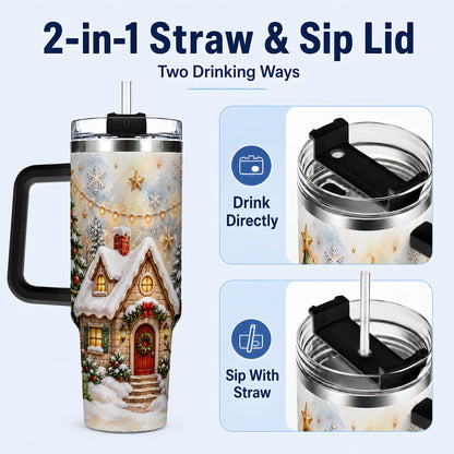 #pl[40oz|Black] Christmas Cottage 40oz Tumbler with Handle, Snowman Winter Theme