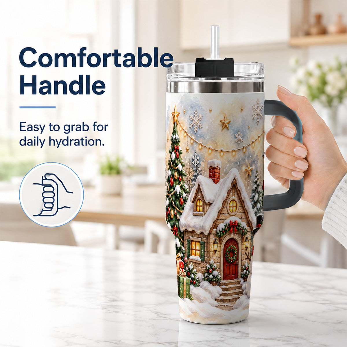 #pl[40oz|Black] Christmas Cottage 40oz Tumbler with Handle, Snowman Winter Theme