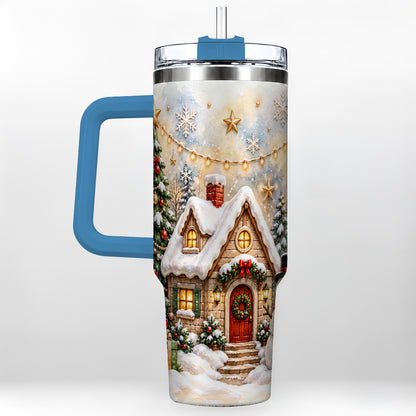 #pl[40oz|Blue] Christmas Cottage 40oz Tumbler with Handle, Snowman Winter Theme