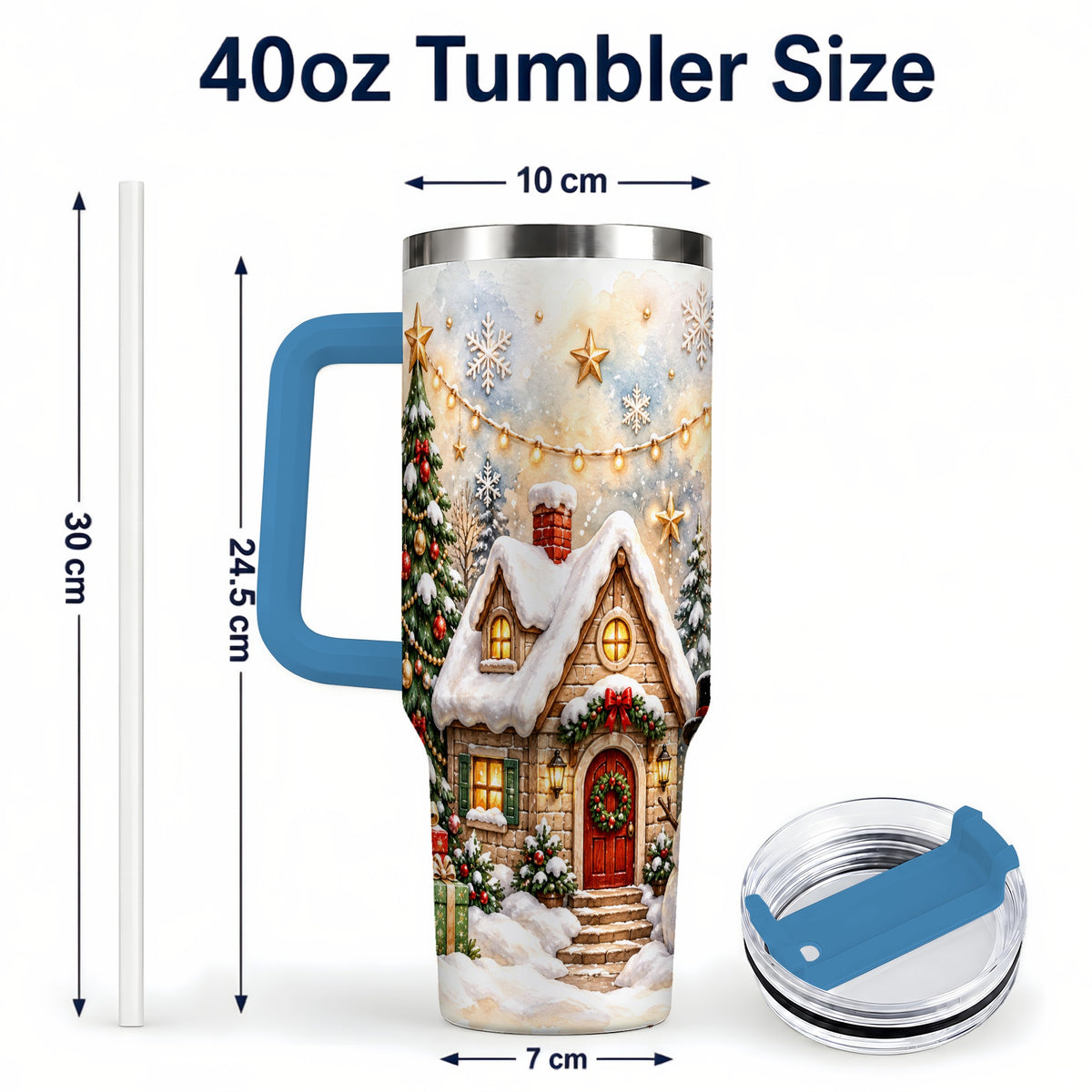 #pl[40oz|Blue] Christmas Cottage 40oz Tumbler with Handle, Snowman Winter Theme