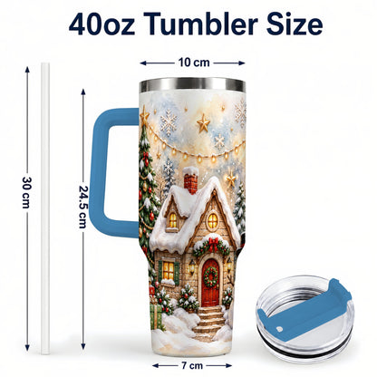 #pl[40oz|Blue] Christmas Cottage 40oz Tumbler with Handle, Snowman Winter Theme