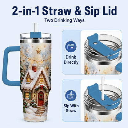 #pl[40oz|Blue] Christmas Cottage 40oz Tumbler with Handle, Snowman Winter Theme
