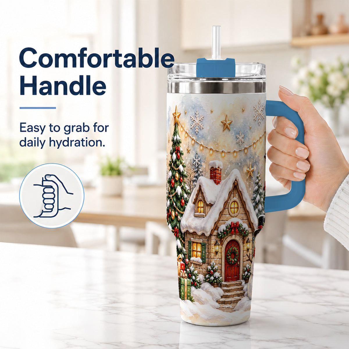 #pl[40oz|Blue] Christmas Cottage 40oz Tumbler with Handle, Snowman Winter Theme