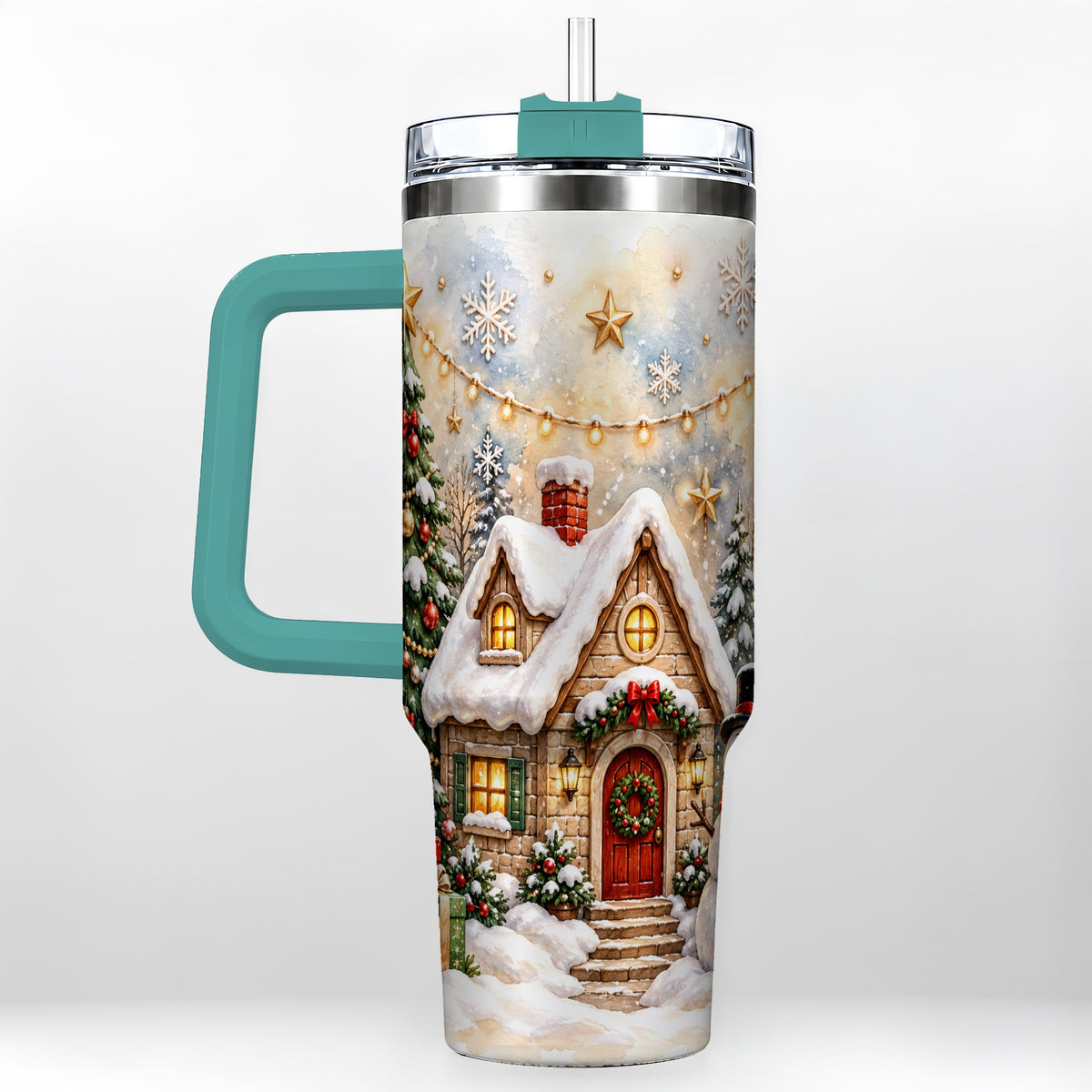 #pl[40oz|Green] Christmas Cottage 40oz Tumbler with Handle, Snowman Winter Theme