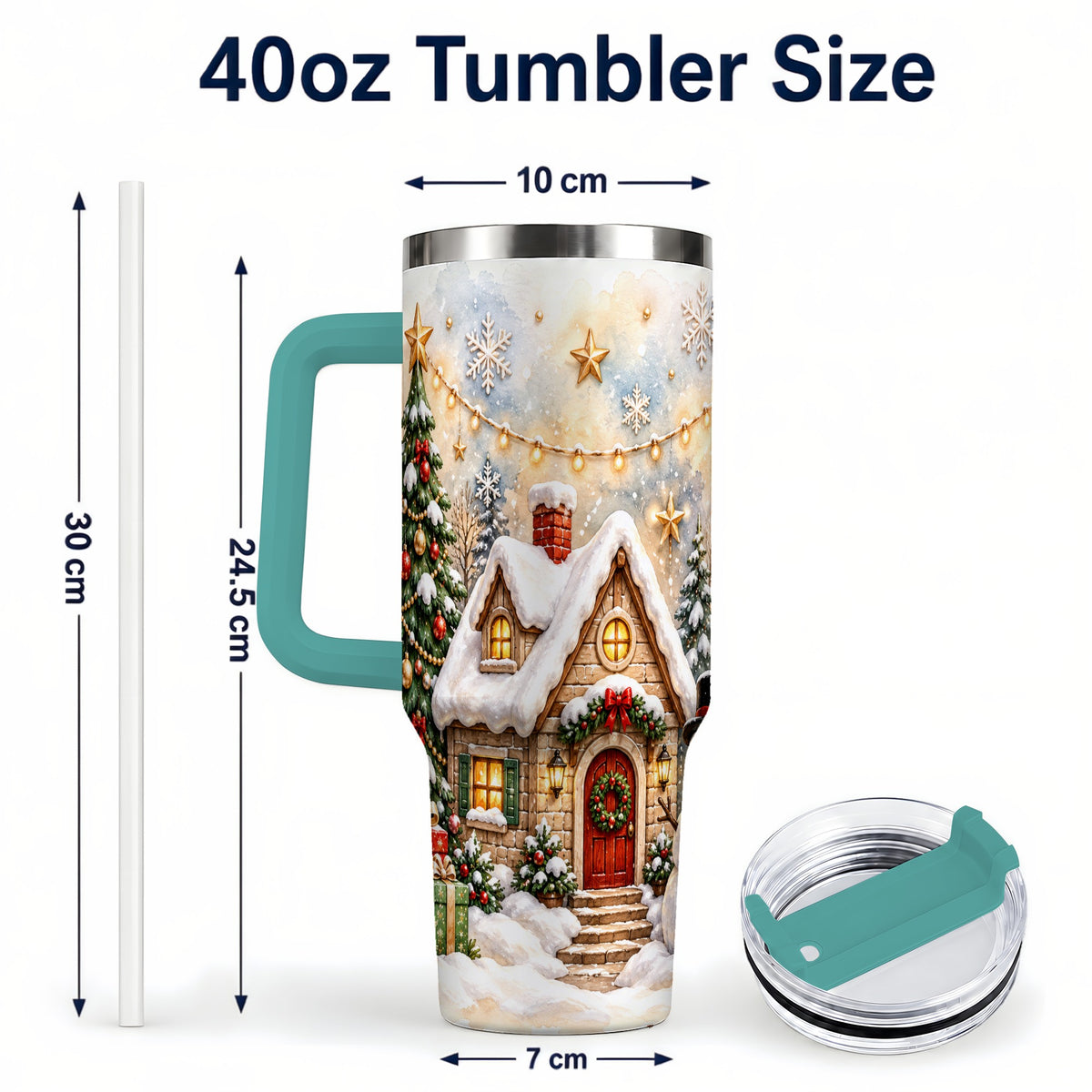 #pl[40oz|Green] Christmas Cottage 40oz Tumbler with Handle, Snowman Winter Theme