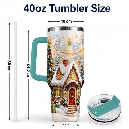#pl[40oz|Green] Christmas Cottage 40oz Tumbler with Handle, Snowman Winter Theme