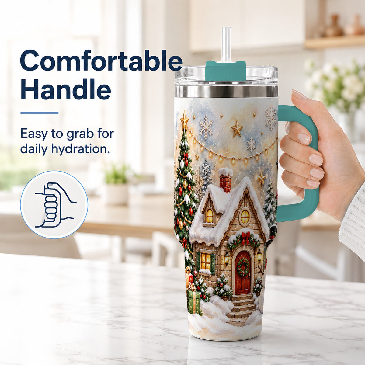#pl[40oz|Green] Christmas Cottage 40oz Tumbler with Handle, Snowman Winter Theme
