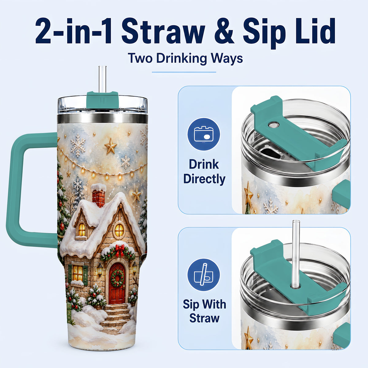 #pl[40oz|Green] Christmas Cottage 40oz Tumbler with Handle, Snowman Winter Theme