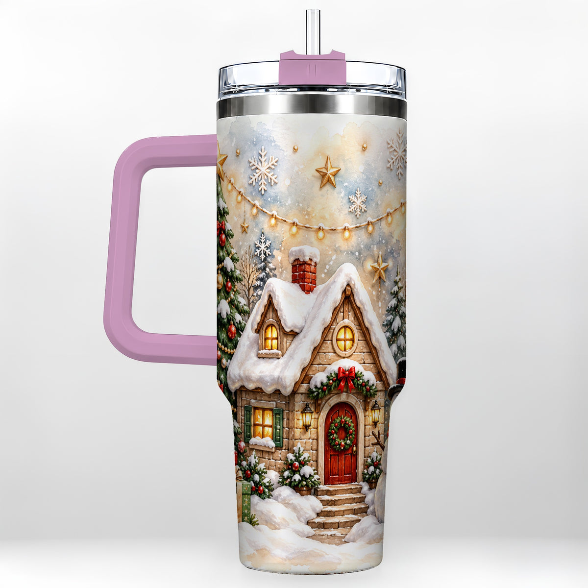 #pl[40oz|Pink] Christmas Cottage 40oz Tumbler with Handle, Snowman Winter Theme