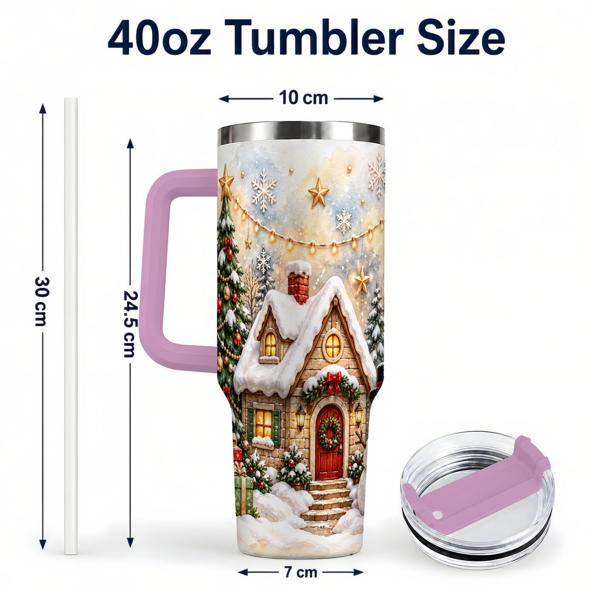 #pl[40oz|Pink] Christmas Cottage 40oz Tumbler with Handle, Snowman Winter Theme