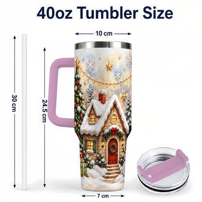 #pl[40oz|Pink] Christmas Cottage 40oz Tumbler with Handle, Snowman Winter Theme