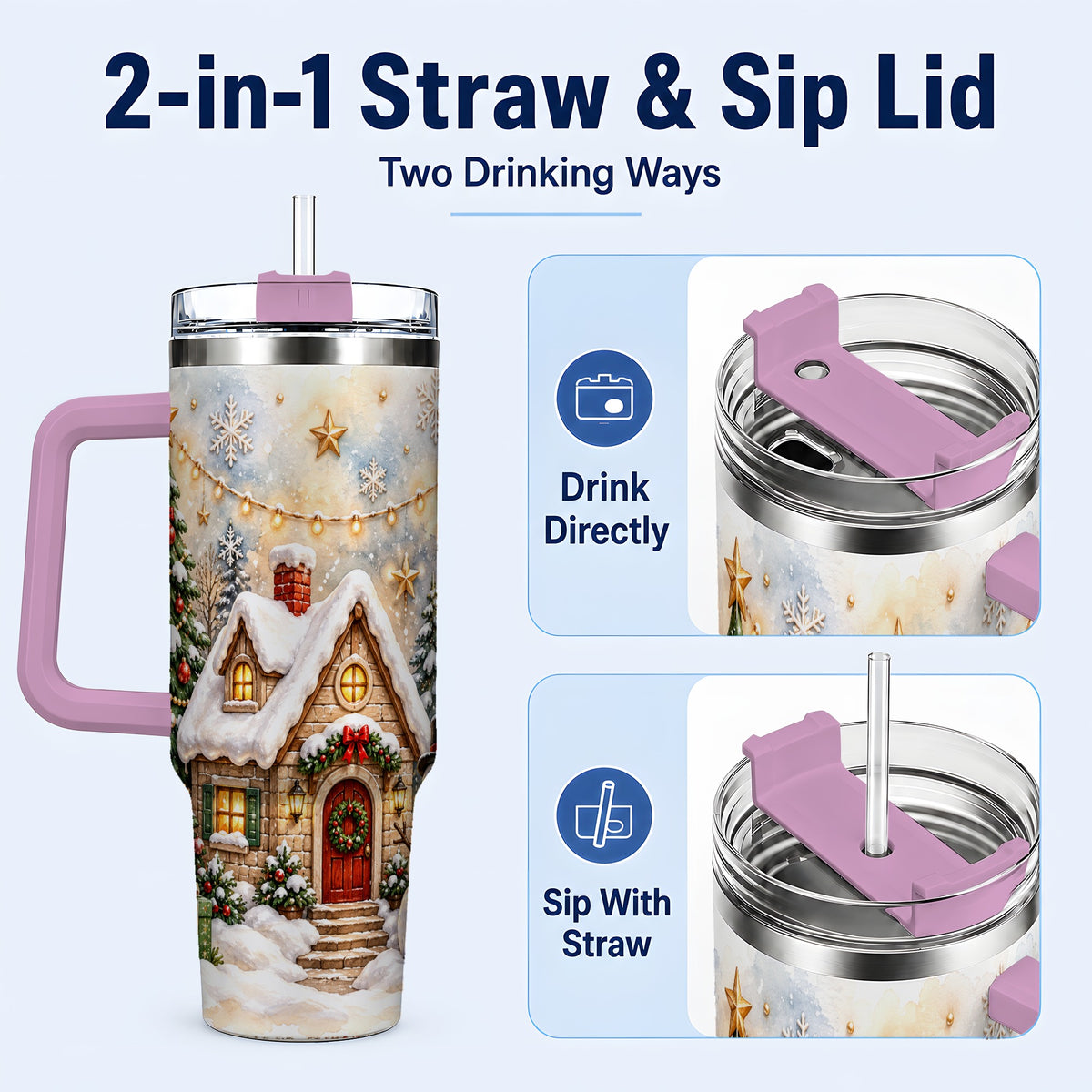 #pl[40oz|Pink] Christmas Cottage 40oz Tumbler with Handle, Snowman Winter Theme