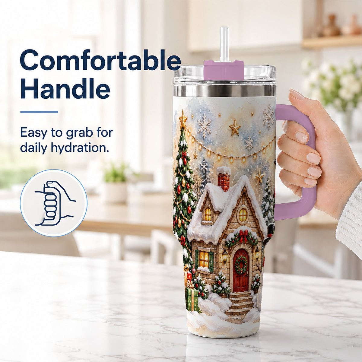 #pl[40oz|Pink] Christmas Cottage 40oz Tumbler with Handle, Snowman Winter Theme