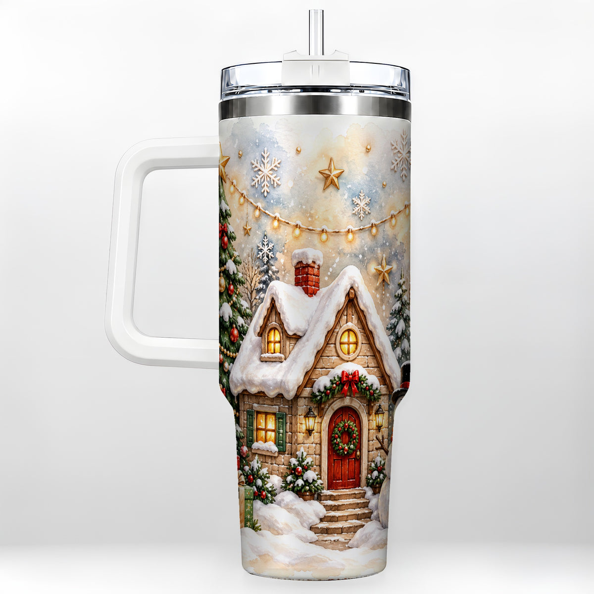 Christmas Cottage 40oz Tumbler with Handle, Snowman Winter Theme