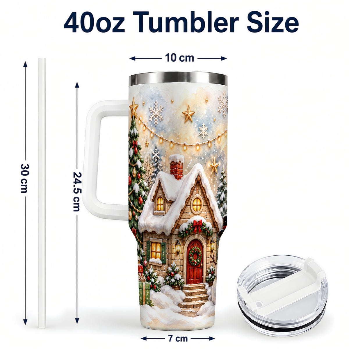 #pl[40oz|White] Christmas Cottage 40oz Tumbler with Handle, Snowman Winter Theme