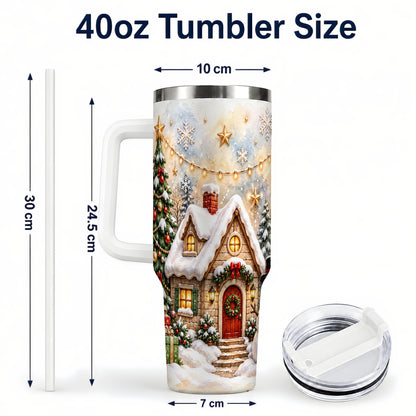 #pl[40oz|White] Christmas Cottage 40oz Tumbler with Handle, Snowman Winter Theme