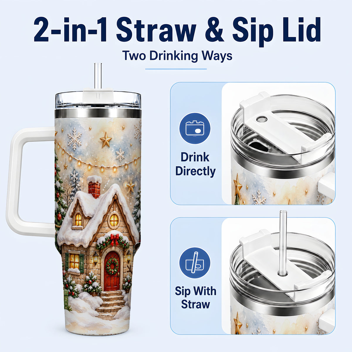 #pl[40oz|White] Christmas Cottage 40oz Tumbler with Handle, Snowman Winter Theme