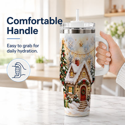 #pl[40oz|White] Christmas Cottage 40oz Tumbler with Handle, Snowman Winter Theme