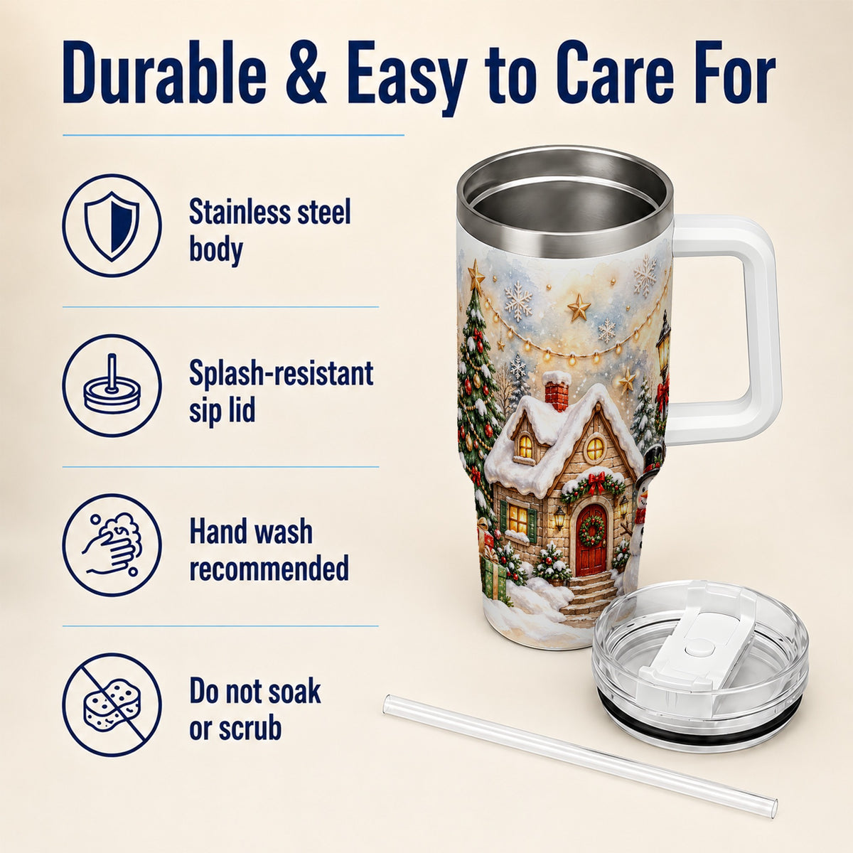 Christmas Cottage 40oz Tumbler with Handle, Snowman Winter Theme