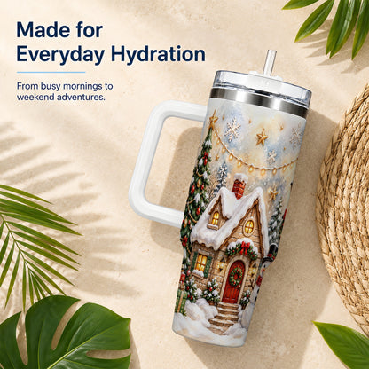 Christmas Cottage 40oz Tumbler with Handle, Snowman Winter Theme