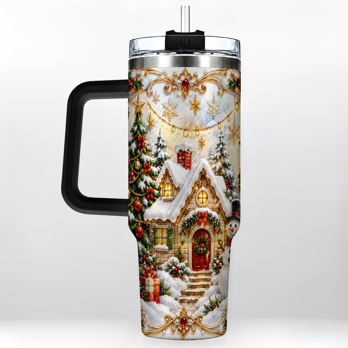 #pl[40oz|Black] Ornate Christmas 40oz Tumbler with Handle, Snowman Cottage Theme